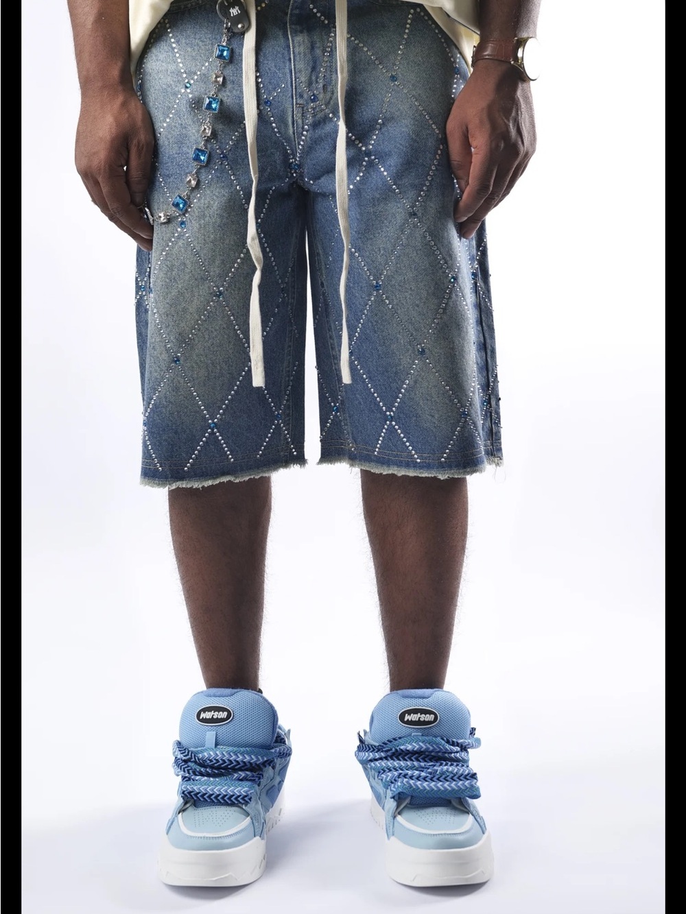 Embellished Dark Blue Denim Jean Shorts with Argyle Crystal Detail